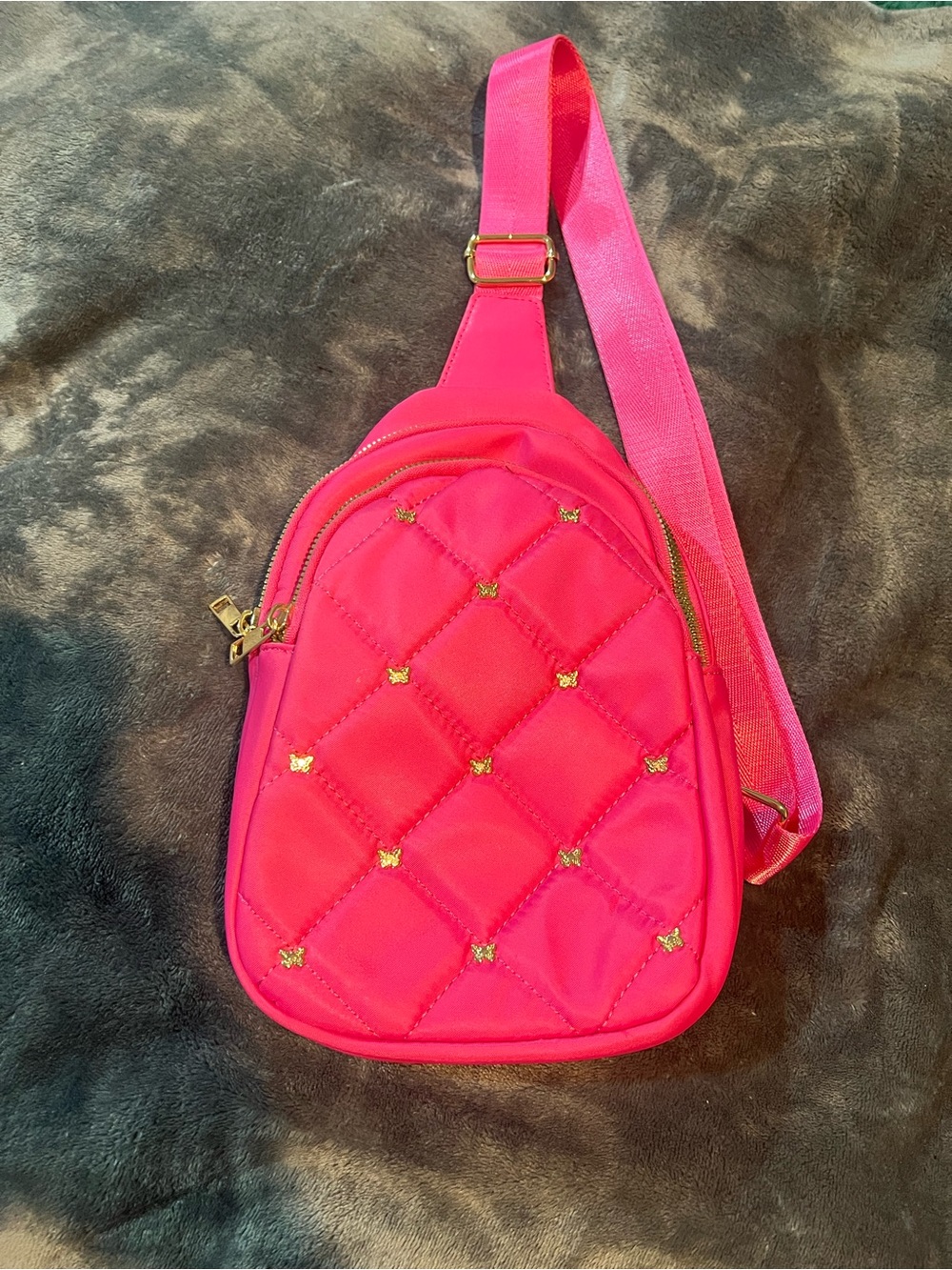 Quilted Hot Pink Crossbody Sling Bag with Gold Accents - Women